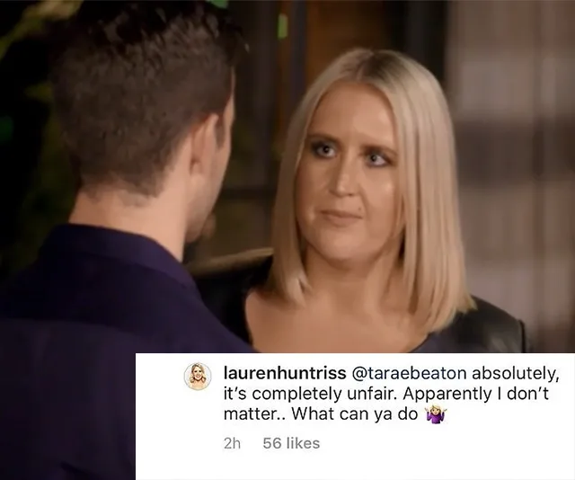A woman looking upset while talking to a man, with an Instagram comment expressing frustration over a situation.