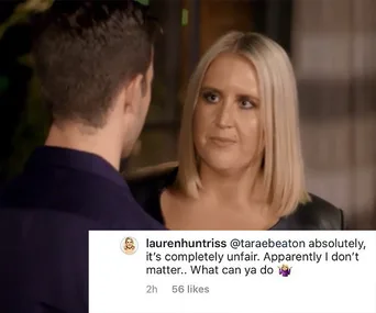 A woman looking upset while talking to a man, with an Instagram comment expressing frustration over a situation.