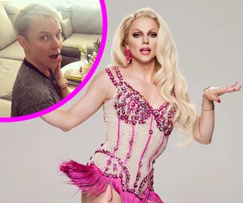 Courtney Act in bejeweled dance outfit; inset shows surprised person on a couch.