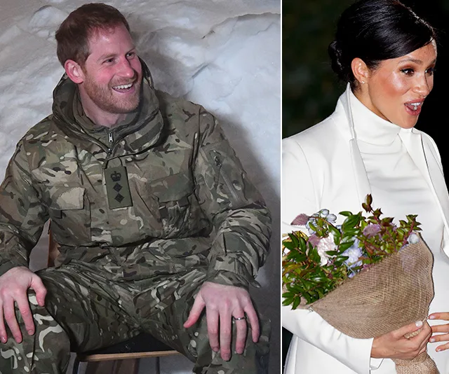 Prince in camouflage sitting in snow, woman in white holding flowers with expressive gesture.