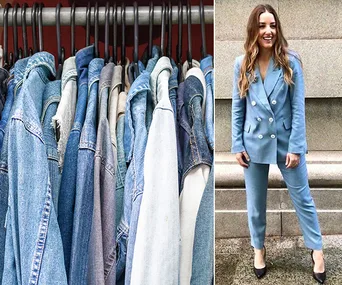 Rack of denim jackets; woman in blue double-breasted suit and heels smiling against a stone wall.