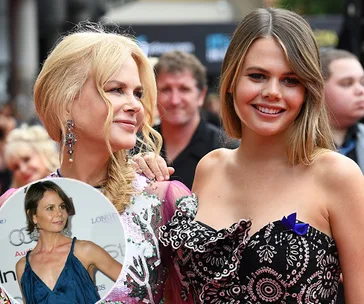 Two women smiling at an event, one in a colorful dress; inset of another woman in a blue dress.
