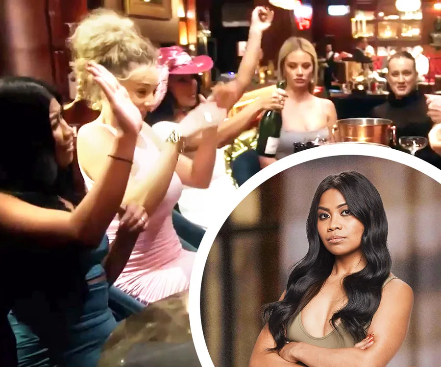 Women celebrating at a bar, including one holding a champagne bottle; inset shows a woman with long black hair.