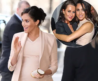 A woman in a beige outfit waves while holding a clutch; inset shows her hugging a friend in a warm embrace.