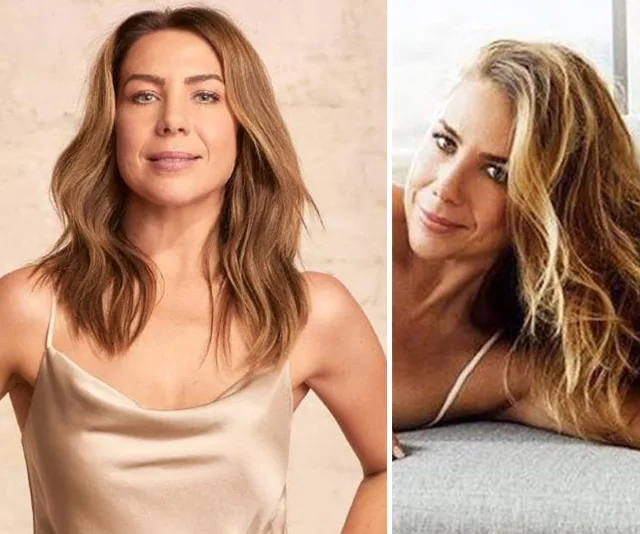 Two images of a woman with wavy, light brown hair, wearing a light camisole, posing against a neutral background.