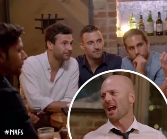 Group of men from "Married at First Sight" at a boys' night, with one man speaking, others listening. #MAFS