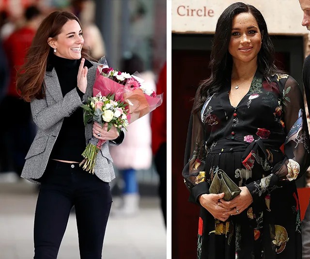 Two women in stylish outfits; one holds flowers, the other cradles a baby bump, both smiling in public settings.