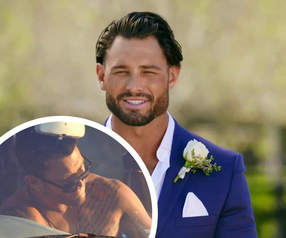 Man in a blue suit with boutonnière, smiling outdoors, inset shows him wearing sunglasses in a car.