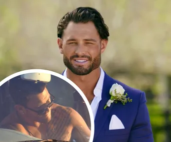 Man in a blue suit with boutonnière, smiling outdoors, inset shows him wearing sunglasses in a car.