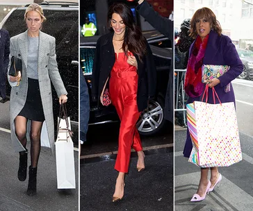 Guests arriving at Meghan Markle's baby shower in stylish outfits carrying gifts and bags.