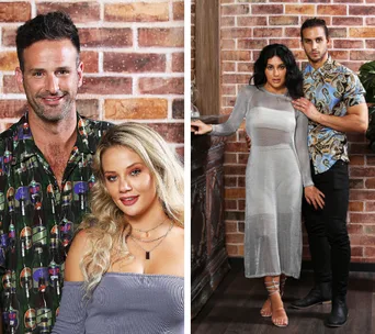 Couples from Married at First Sight posing in front of a brick wall, smiling and dressed in stylish outfits.