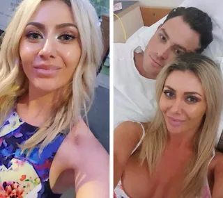 Two photos: on the left, a woman with blonde hair; on the right, a couple in a hospital, the woman taking a selfie.