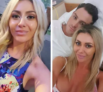 Two photos: on the left, a woman with blonde hair; on the right, a couple in a hospital, the woman taking a selfie.