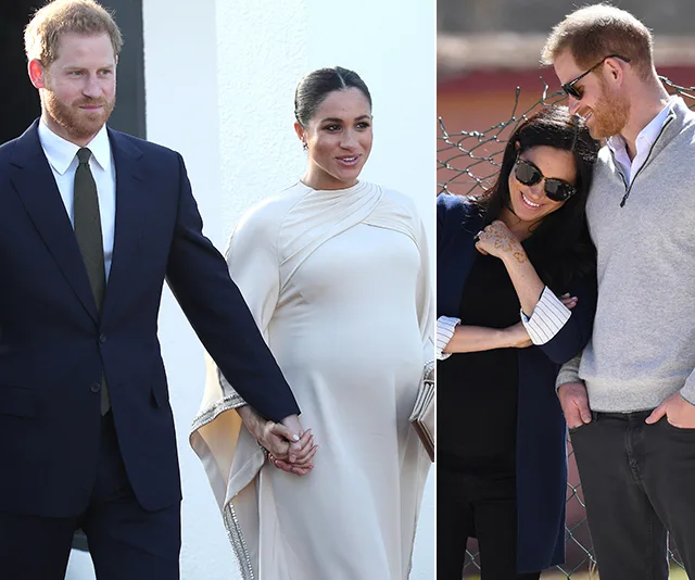 Prince Harry and Meghan Markle in Morocco, holding hands and smiling.
