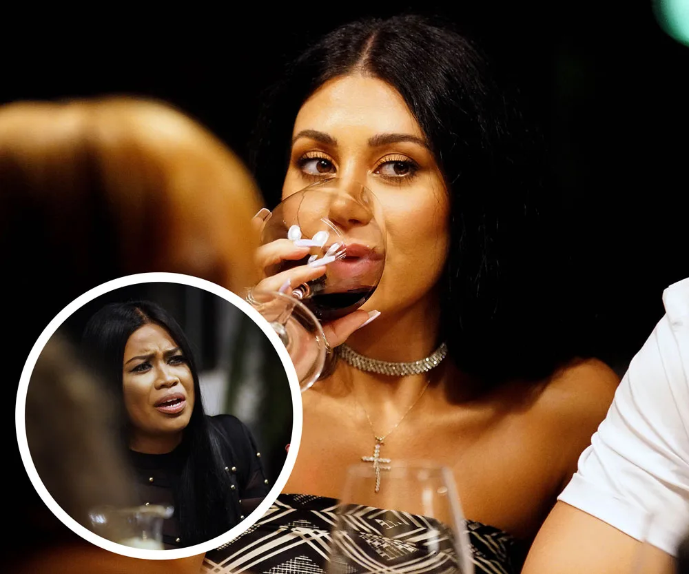 Alt text: "Two women at a dinner, one drinking wine, the other looking upset in an inset circle."