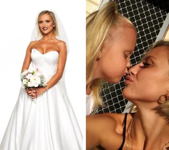 Bride holding flowers; woman and child touching noses affectionately.