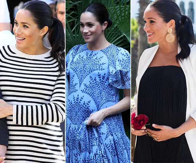 Meghan Markle in three outfits: striped top, blue floral dress, and black gown with white jacket, holding red roses.