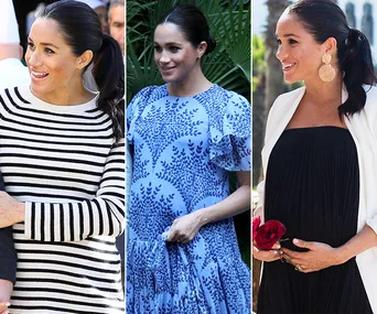 Meghan Markle in three outfits: striped top, blue floral dress, and black gown with white jacket, holding red roses.