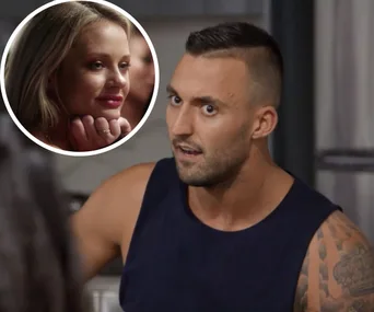 Man with a tattooed arm looks surprised; inset shows woman resting chin on hands, both appear on "Married at First Sight."