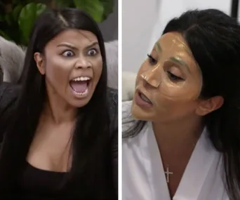 A split image shows one woman yelling and another with a facial mask, both with intense expressions.