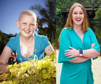 Young girl with short hair and medical device on chest smiling; adult woman with long hair smiling, both in teal outfits.