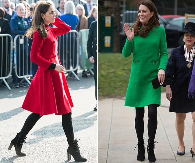 Kate Middleton wearing red and green coat dresses with black lace-up boots, waving and walking outdoors.