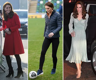 Kate Middleton in three outfits: red coat, sporty wear with soccer ball, and elegant mint dress.