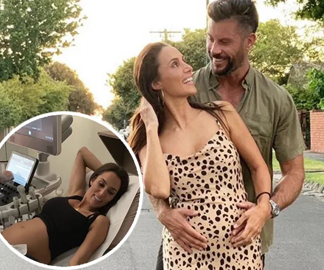 Man embracing pregnant woman; inset shows her at an ultrasound appointment.