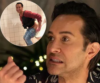 Romel from My Kitchen Rules makes a shocked expression; inset shows him with pants down in a playful moment.