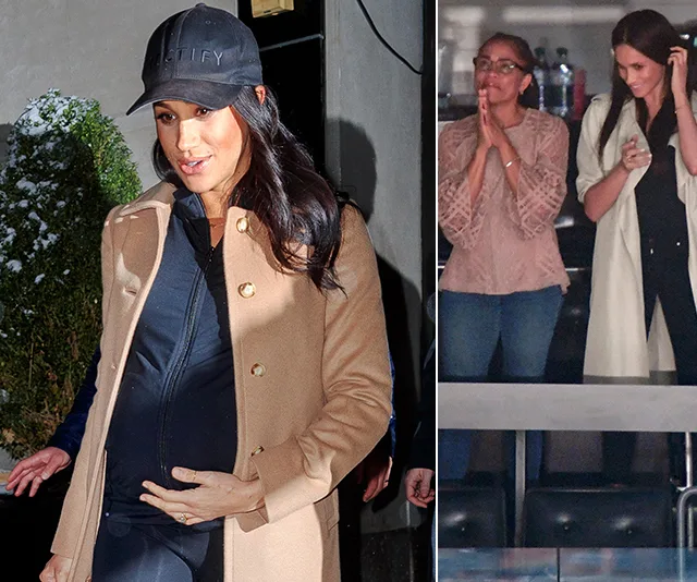Meghan Markle with mother Doria Ragland attending an event, Meghan wearing a coat and cap, Doria clapping beside her.