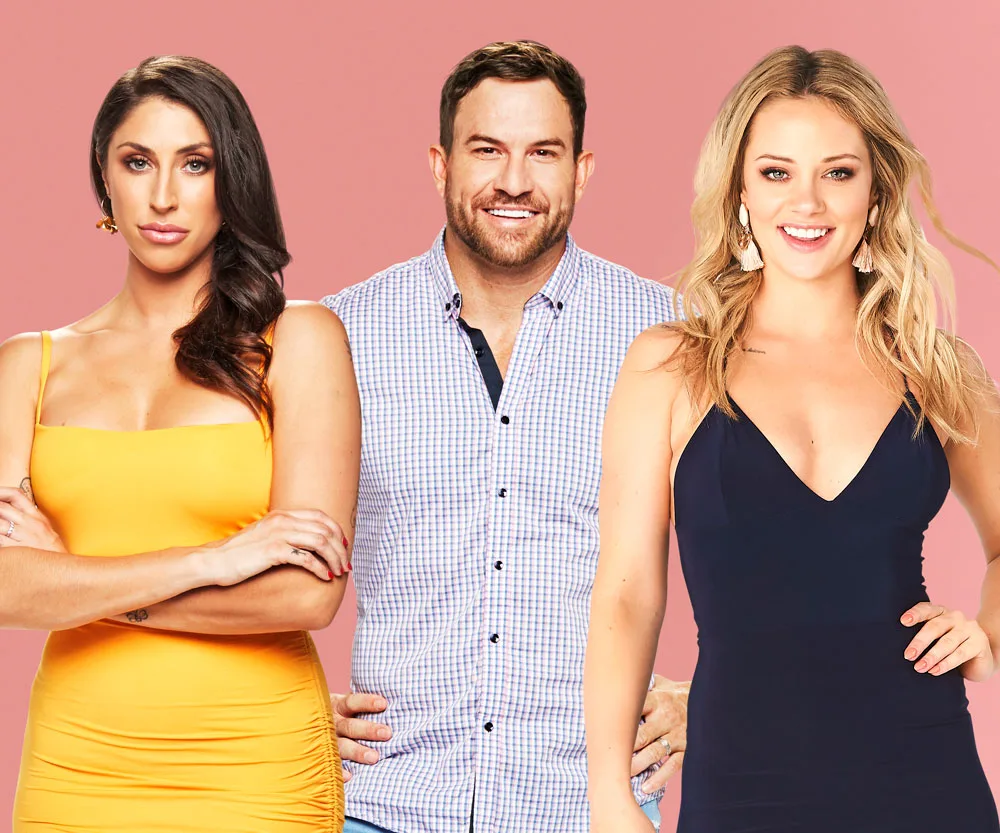 Three individuals from "Married at First Sight" standing against a pink background, dressed in formal attire.