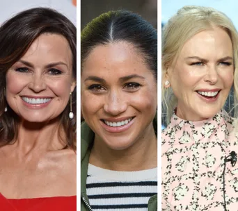 Three women smiling side by side, highlighting diverse expressions and styles.