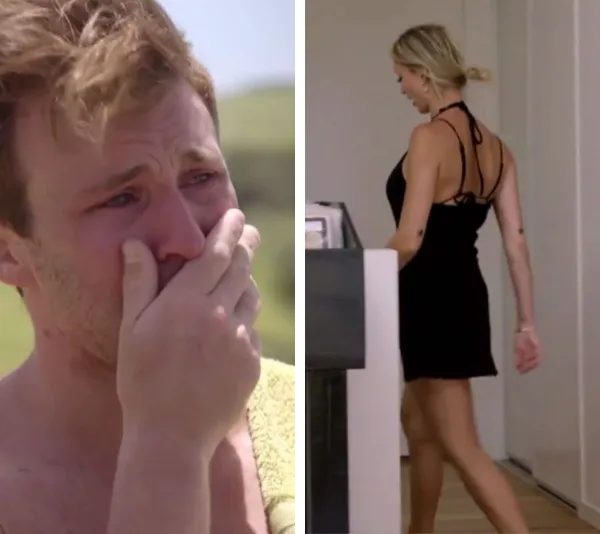 Man appearing upset, hand over mouth; woman in black dress walking away indoors.