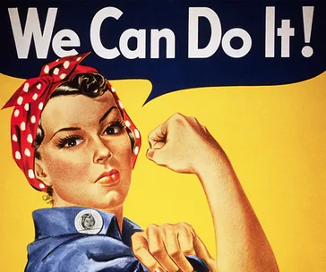 Rosie the Riveter poster with "We Can Do It!" slogan, symbolizing women's empowerment during WWII.