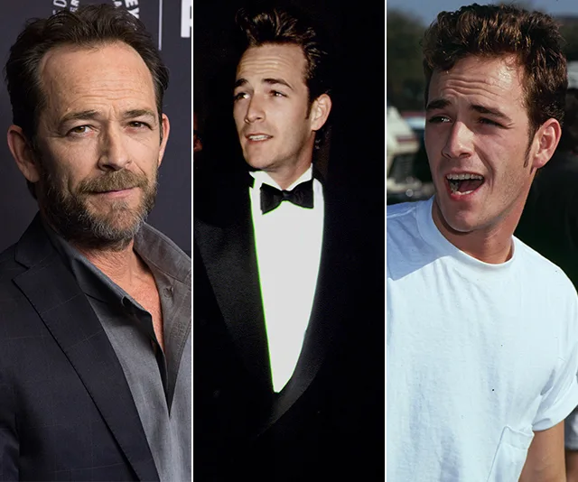 Actor in three stages of life: older in a suit, younger in a tuxedo, and casual in a white t-shirt.
