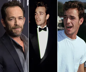 Actor in three stages of life: older in a suit, younger in a tuxedo, and casual in a white t-shirt.