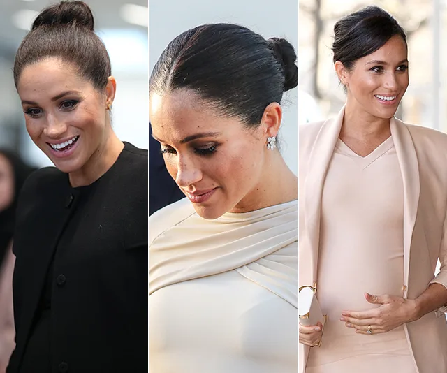 Three images of a woman with hair in a bun, wearing different elegant outfits and smiling or looking down.