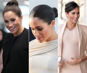 Three images of a woman with hair in a bun, wearing different elegant outfits and smiling or looking down.