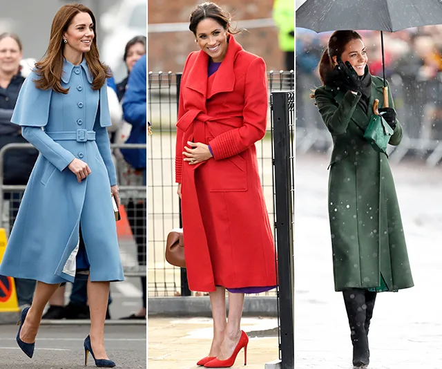 Women in stylish coats: one in blue, one in red, and one in green under an umbrella.