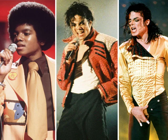 Three images of Michael Jackson at different stages of his career, performing and wearing iconic outfits.