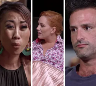 Three individuals from "Married at First Sight" show varied expressions in a split-image format.