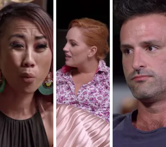 Three individuals from "Married at First Sight" show varied expressions in a split-image format.