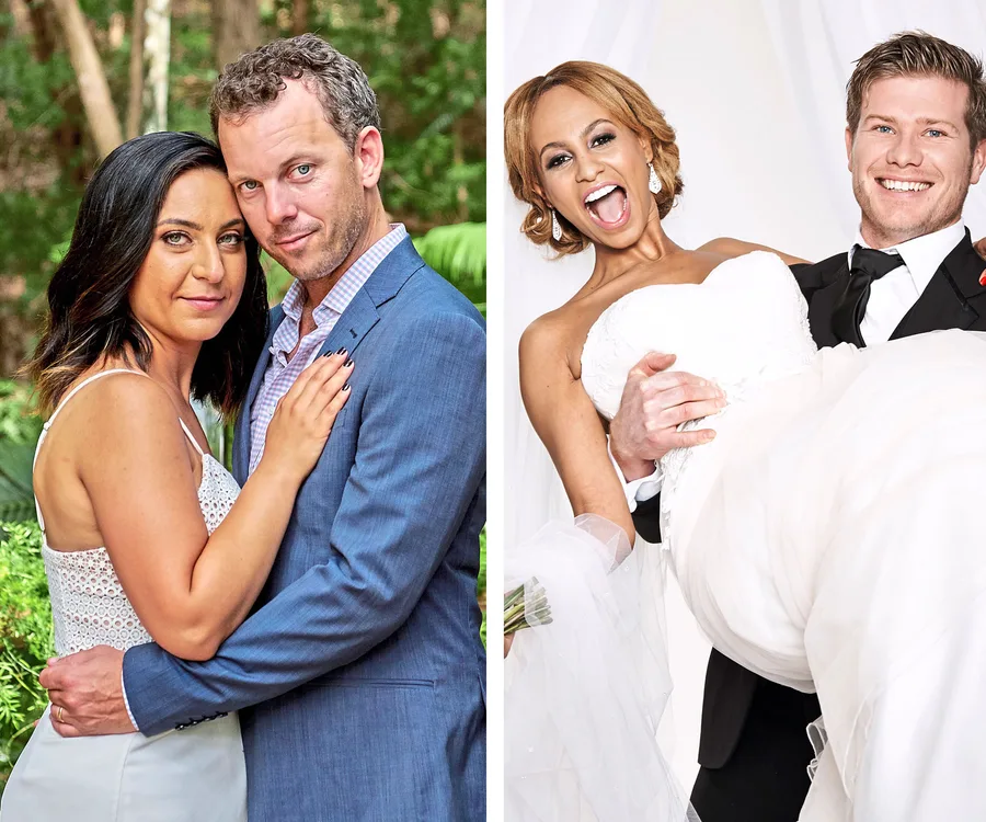 Couple on the left in casual attire, the man embracing the woman; couple on the right, groom carrying bride in wedding dress.