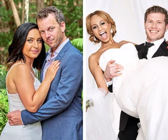 Couple on the left in casual attire, the man embracing the woman; couple on the right, groom carrying bride in wedding dress.