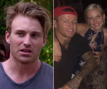 Side-by-side photo: Left shows a person outdoors, right shows a couple at a table; one has tattoos.
