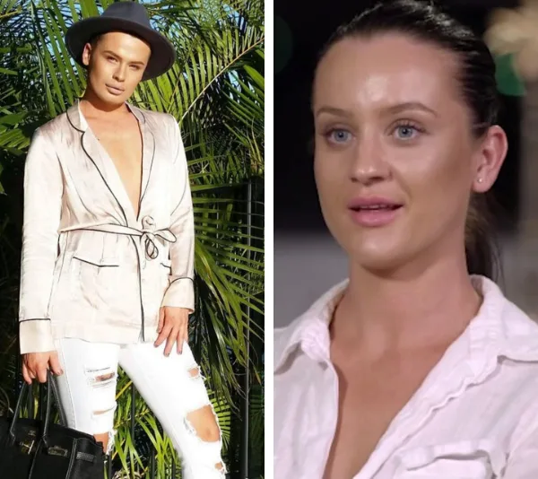 Two split images: Left, person in stylish outfit and hat. Right, woman in a white shirt speaking, facing forward.