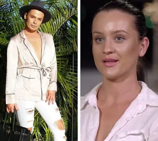Two split images: Left, person in stylish outfit and hat. Right, woman in a white shirt speaking, facing forward.