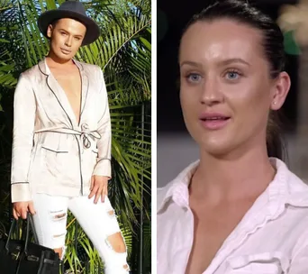 Two split images: Left, person in stylish outfit and hat. Right, woman in a white shirt speaking, facing forward.
