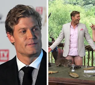 Dr. Chris Brown wearing a suit on left; on the right, wearing a blazer and shirt, joking on set with a wombat on a table.