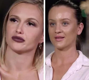 Two women from a reality show appear side by side, one with blonde hair and dark lipstick, the other with dark hair, both in casual attire.